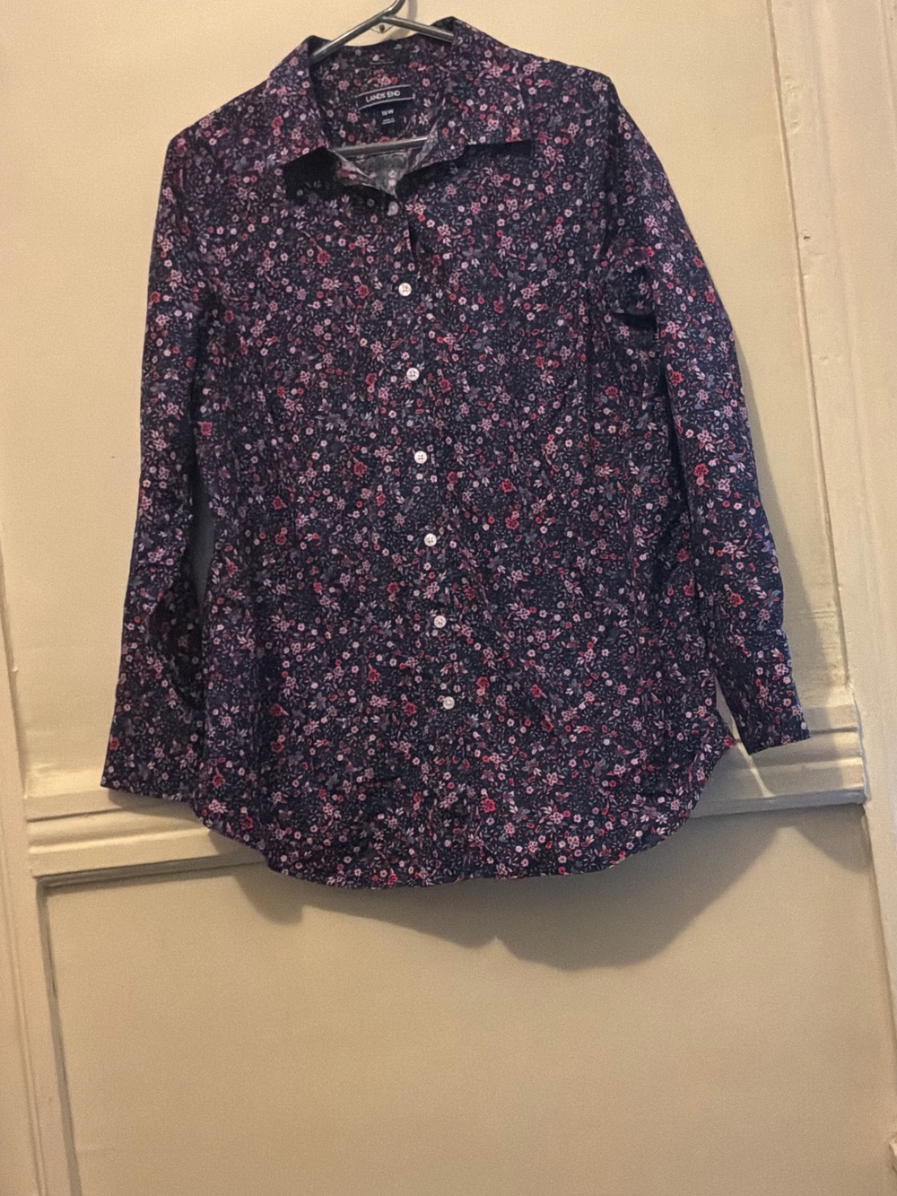Lands' End Navy Button-Down Shirt No Iron Supima with Pink Floral Print